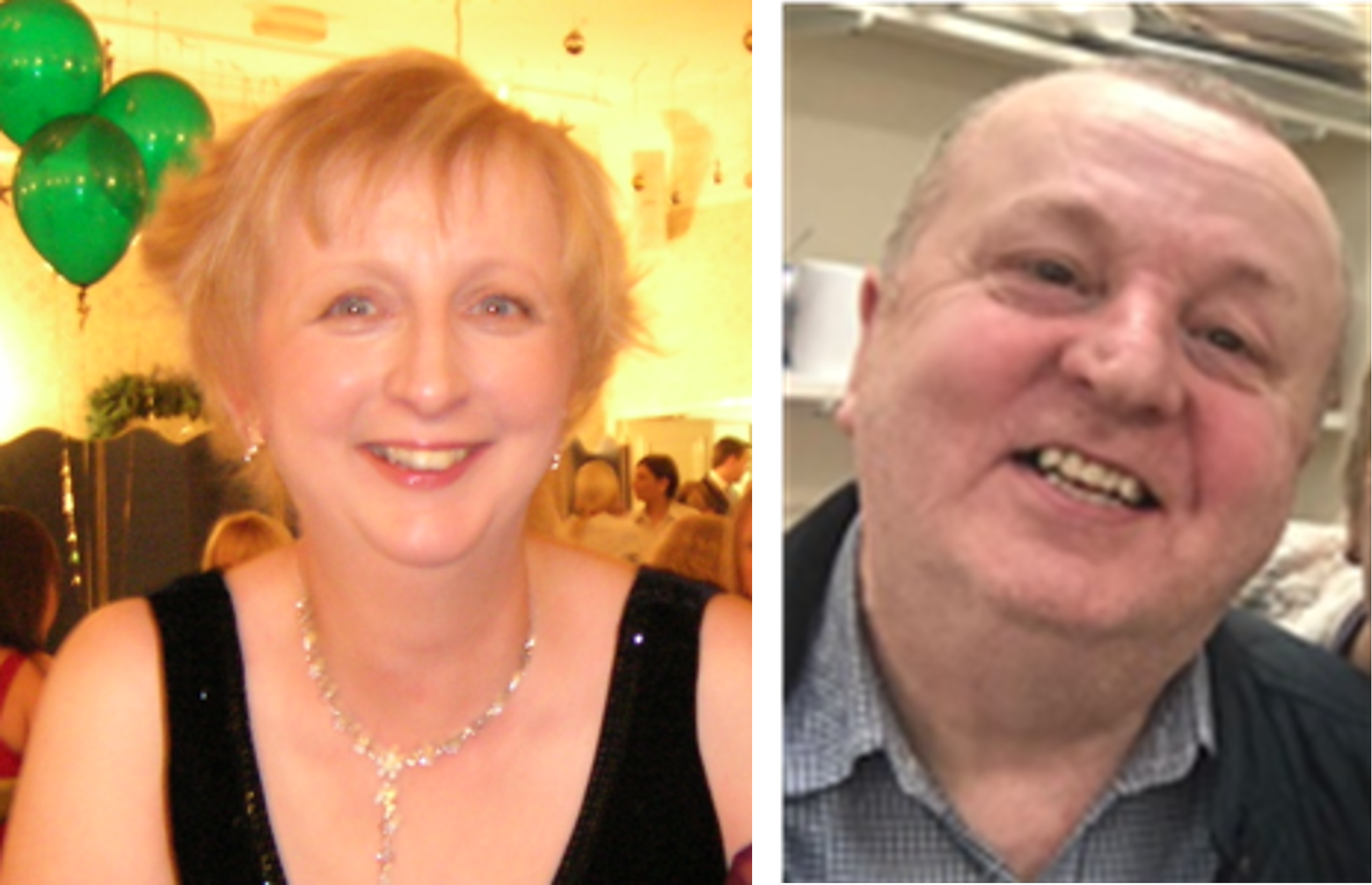 Two separate photos added to a collage. On the left Janet has short blonde hair and is wearing a black dress. To the right, Trevor is wearing a short and jacket.